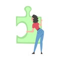 Beautiful Young Woman Solving Jigsaw Puzzle, Back View of Girl Trying to Connect Big Green Puzzle Element Cartoon Style Royalty Free Stock Photo