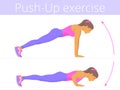 The beautiful caucasian young woman is doing the push-up exercise.