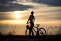 Slender, sporty woman standing near bike and posing. Royalty Free Stock Photo