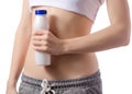 Beautiful young woman stomach belly bottle of yogurt Royalty Free Stock Photo