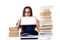 Beautiful young woman stuydent wih stack of books and holding co Royalty Free Stock Photo