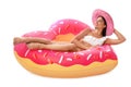 Beautiful young woman in stylish bikini with hat and inflatable ring on white Royalty Free Stock Photo