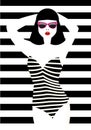 Beautiful young woman with sunglasses and swimsuit, retro style. Pop art. Vector eps10 illustration