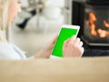 Young woman using tablet computer in front of fireplace Royalty Free Stock Photo