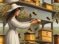 beautiful young woman surrounded by bees extracting honey from hives, springtime, illustration