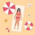 Beautiful young woman in swimsuit sunbathes on the beach. Top view beach background. Summer time vacations. Vector illustration Royalty Free Stock Photo