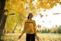 Beautiful young woman throwing yellow leaves in a park, enjoying Royalty Free Stock Photo