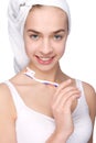 Beautiful young woman with toothbrush in her hands Royalty Free Stock Photo