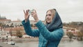 Beautiful Young Woman Tourist In Prague, Making Selfie or Taking Photo With Her Mobile Phone, Travelling Concept Royalty Free Stock Photo