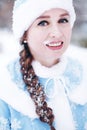 Beautiful young woman in traditional russian suit of snow maiden, new year and christmas holiday girl Royalty Free Stock Photo