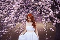 Beautiful young woman under the flowering tree Royalty Free Stock Photo