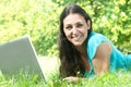 Beautiful young woman using laptop in the park Royalty Free Stock Photo