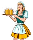 Beautiful young woman waiter holding tray with beer. Oktoberfest German beer festival