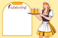 Beautiful young woman waiter holding tray with beer. Welcome Oktoberfest German beer festival