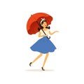 Beautiful young woman walking with red umbrella, girl dressed in retro style vector Illustration