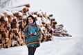 Beautiful young woman walking in winter outdoors Royalty Free Stock Photo