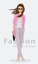 Beautiful young woman wearing fashion clothes, glasses and with bag. Fashion model. Vector illustration.