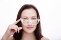 Beautiful young woman wearing glasses close-up isolated on white background Royalty Free Stock Photo