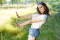 Beautiful young woman wearing open blouse outdoors in nature Royalty Free Stock Photo