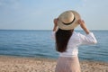 Beautiful young woman wearing straw hat on beach, back view. Stylish headdress Royalty Free Stock Photo