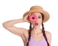 Beautiful young woman wearing stylish hat with donut on white background Royalty Free Stock Photo