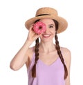 Beautiful young woman wearing stylish hat with donut on background Royalty Free Stock Photo