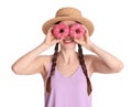 Beautiful young woman wearing stylish hat with donuts on background Royalty Free Stock Photo