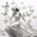 Beautiful young woman in white dress surrounded by butterflies, 3d rendering Royalty Free Stock Photo