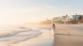 Beautiful young woman in white dress walking on the beach at sunrise. Light backdrop, neutral colors. Generative AI Royalty Free Stock Photo