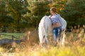 Beautiful young woman with a white horse in the country Royalty Free Stock Photo