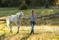 Beautiful young woman with a white horse in the country Royalty Free Stock Photo