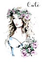 Beautiful young woman in wreath. Hand drawn woman portrait. Fashion lady. Sketch. Royalty Free Stock Photo