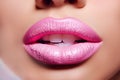 Beautiful young woman's lips closeup, pastel pink color. Glance Fashion art, art design. Trendy concept of cosmetic