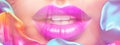 Beautiful young woman's lips closeup, purple color. Glance Fashion art, art design. Trendy concept of cosmetic