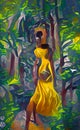 Beautiful Woman in a Yellow Dress in the Jungle