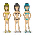 Beautiful young women in bikini vector illustration, cartoon girl, Perfect body, tropical summer, icon design, fashion girls Royalty Free Stock Photo