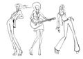 Beautiful young women dance and play music. Hand drawn party fashion girl. Model posing. Sketch. Royalty Free Stock Photo