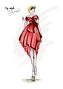 Beautiful young women in an evening dress. Hand drawn fashion girl. Fashion model posing. Sketch. Royalty Free Stock Photo