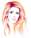 Beautiful women with long blondy hair, hand painted watercolor illustration