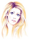 Beautiful young women with long blondy hair watercolor illustration