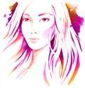 Beautiful young women with long blondy hair, watercolor illustration