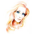 Beautiful young women with long blondy hair, watercolor illustration