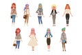 Beautiful young women with long dyed hair set, stylish girls in fashion clothes vector Illustrations on a white