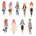 Beautiful young women with long dyed hair set, stylish girls in fashion clothes vector Illustrations on a white