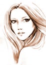 Beautiful young women with long hair, watercolor illustration