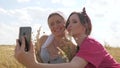 Beautiful young women in meadow collect flowers and are photographed on a smartphone in meadow. Ecotourism. Two happy Royalty Free Stock Photo