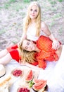 Beautiful young women talking, smiling and gesturing while having picnic outdoors at park. Royalty Free Stock Photo