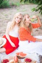 Beautiful young women talking, smiling and gesturing while having picnic outdoors at park. Royalty Free Stock Photo