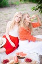 Beautiful young women talking, smiling and gesturing while having picnic outdoors at park. Royalty Free Stock Photo
