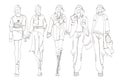 Beautiful young womens. Hand drawn fashion girls. Fashion model posing. Sketch. Vector set